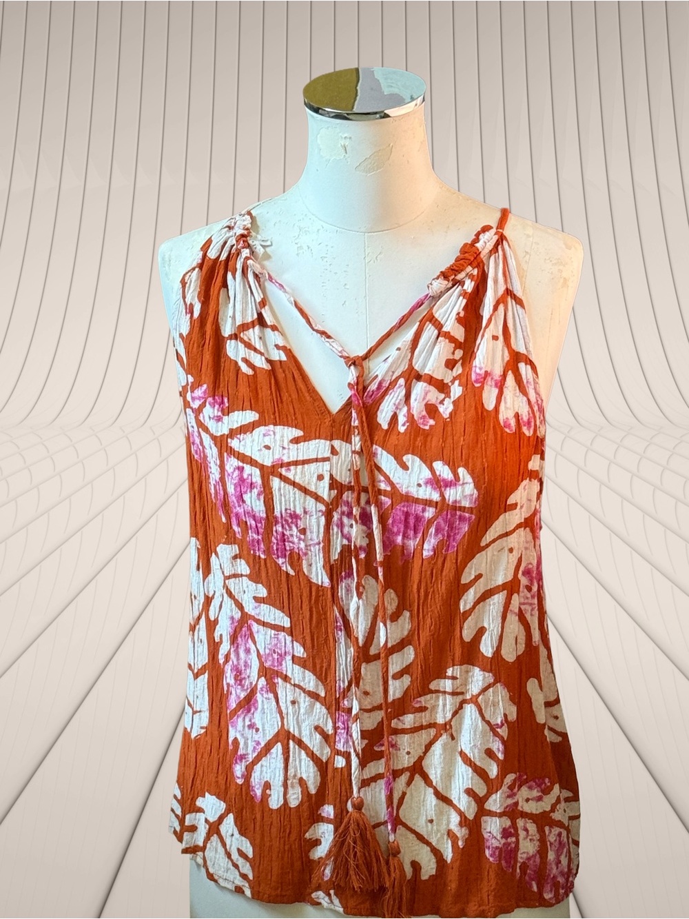Nicole Miller Rust Orange Tropical Leaf Tie-Front Sleeveless Top